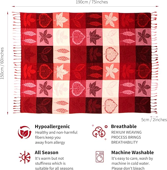 Bohemian Chenille Jacquard Tassel Throws - Reversible Red&Pink Maple Leaf Design for Boho Hippie Vibes - Oversized Blankets for Large Couch, Furniture, Sofa, Chair