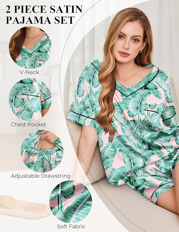 Silk Pajamas for Women Short Sleeve Satin 2 Piece Pj Set Soft V Neck Sleepwear Loungewear, S-XXL