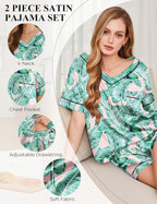 Silk Pajamas for Women Short Sleeve Satin 2 Piece Pj Set Soft V Neck Sleepwear Loungewear, S-XXL