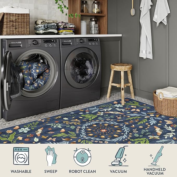 Lahome Chloe Insect Botanical 3x5 Washable Kitchen Rugs for Entryway, Soft Blue Bedroom Rug, Boho Floral Non Slip Indoor Throw Carpet for Bathroom Laundry Living Room(Dark Blue,3x5)
