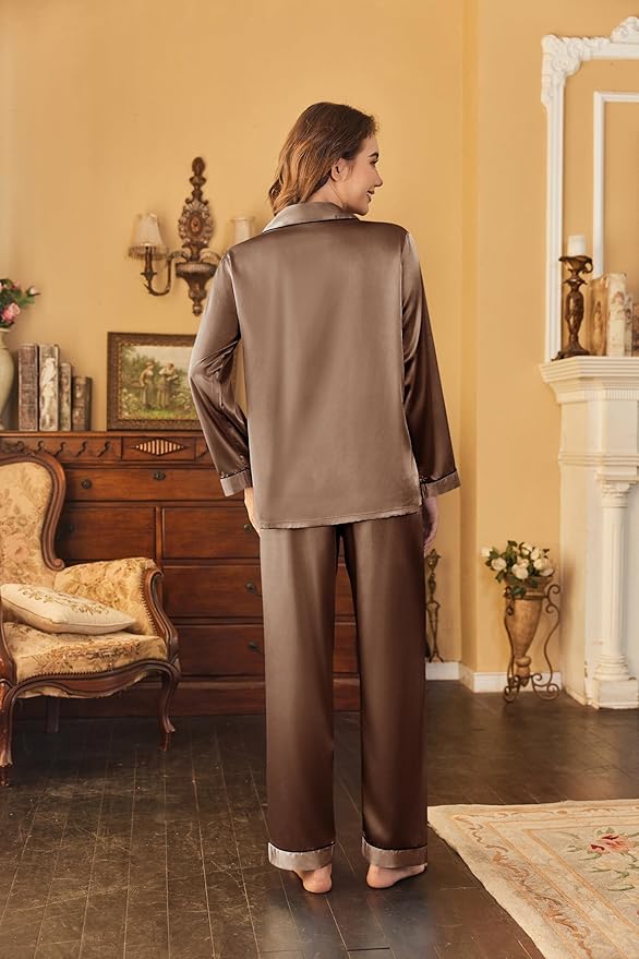 Ekouaer Women's Classic Button Down Long Satin Silk Pajama Set