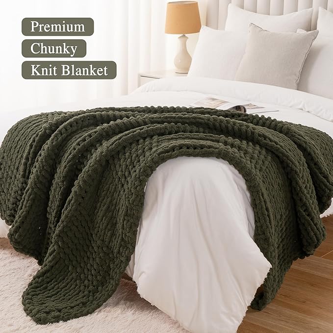 Bunnikins & Clover Olive Green Throw Blanket for Couch, Chunky Knit Blanket Throw with Chenille Yarn for Bed Living Room Home Decor, 50"x60"