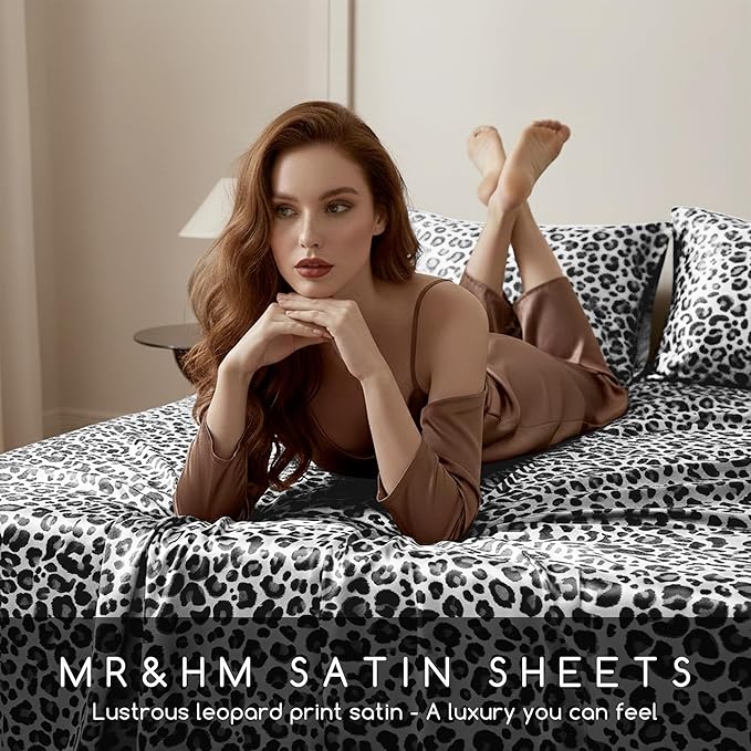 MR&HM Satin Sheets with Elastic Corner Straps, Queen Size Sheets Set, 4 Pcs Silky Bedding Set with 15 Inches Deep Pocket for Mattress (Queen, White Leopard)