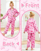 Girls Pajamas Silk PJS Set Satin Sleepwear Long Sleeve Jammies for Kids Button-Down Nightwear Loungewear 3-16 Years