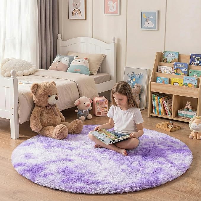duduta Purple Plush Round Rug 4x4 ft, Tie Dye Fluffy Shag Rugs for Bedroom Classroom Nursery Playroom Dorm Decor, Washable Non Slip