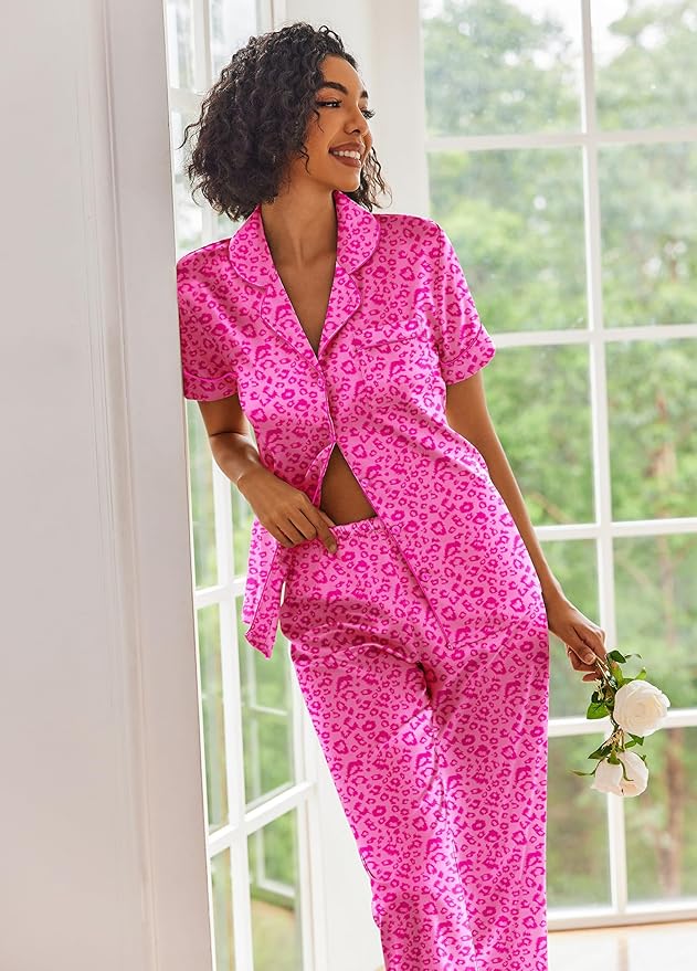 Ekouaer Silk Satin Pajamas Set Women Short Sleeve Sleepwear Soft Button Down Loungewear Pjs Set