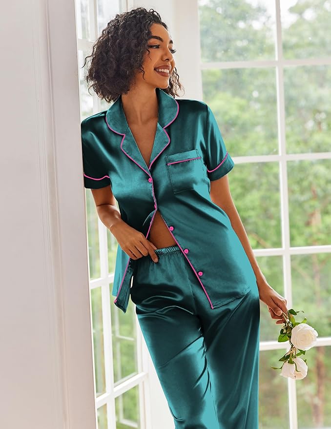 Ekouaer Silk Satin Pajamas Set Women Short Sleeve Sleepwear Soft Button Down Loungewear Pjs Set
