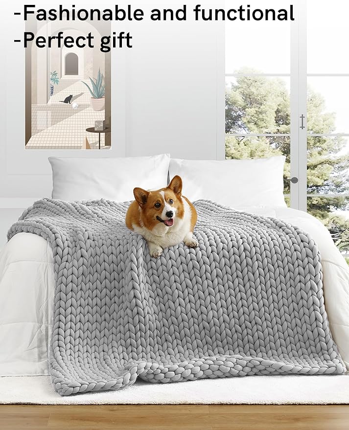 YnM Weighted Blanket, Handmade Chunky Yarn Knitted Design, Soft and Cozy, Temperature Regulating and Breathable, Machine Washable Throw for Sleep or Home Decor (Silver Grey, 60x80 Inch, 15lbs)