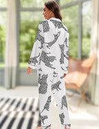EPLAZA Silk Pajamas for Women Satin Pajamas Set 5 Pcs Long Sleeve Print Pattern Button Down Pjs Sleepwear Loungewear Set