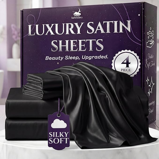 SLEEP SANCTUARY Satin Sheets King Size – 4 Piece Luxury Silky Bed Set, Softer Than Silk, 15" Deep Pocket, Cooling & Wrinkle-Free, Moisture-Wicking & Breathable for Hair & Skin (Black)