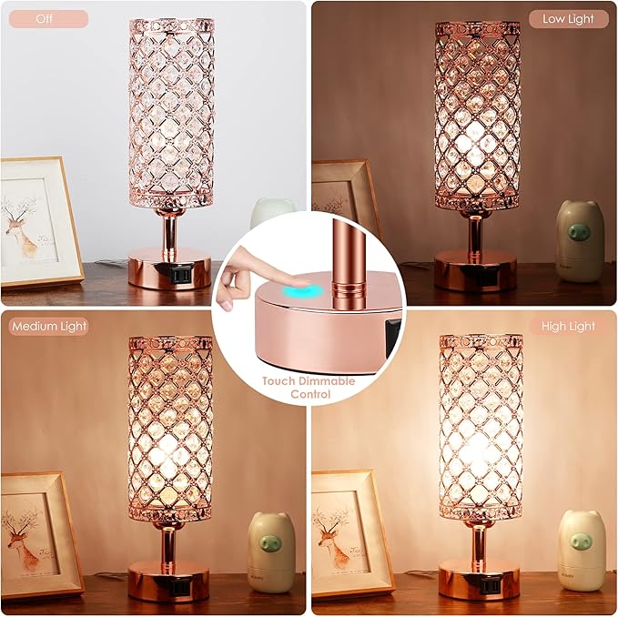 UBright Touch Control Crystal Table Lamp 3 Way Dimmable Decorative Bedside Nightstand Lamp with 2 USB Charging Ports Small Touch Light for Living Room Bedroom Home 2 Pack (Bulb Included) (Rose gold)