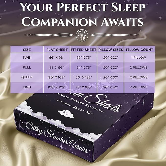 SLEEP SANCTUARY Satin Sheets Queen Size – 4 Piece Luxury Silky Bed Set, Softer Than Silk, 15" Deep Pocket, Cooling & Wrinkle-Free, Moisture-Wicking & Breathable for Hair & Skin (Champagne)