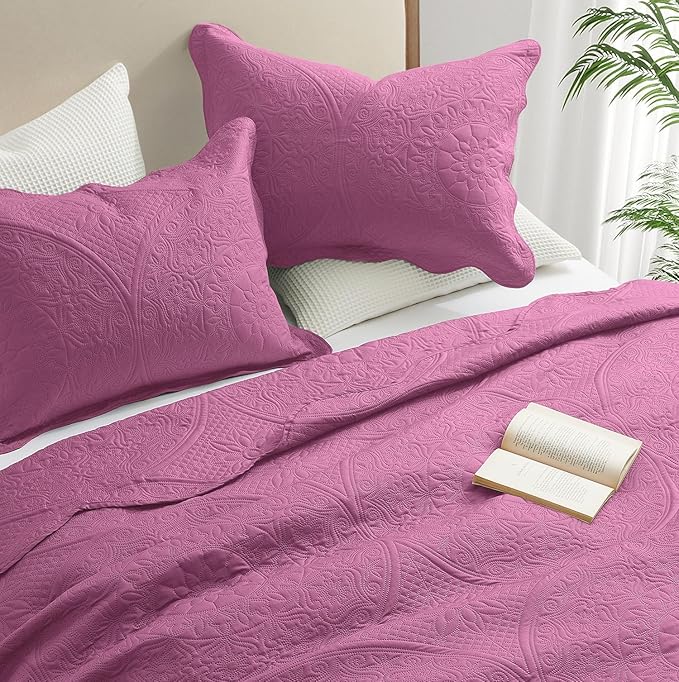 IR Imperial Rooms King Quilt Bedding Set Size (106" x 96") + 2 Pillow Shams (20" x 36"+ 2") - 3 Pcs All Season Lightweight Reversible Microfiber Coverlet Floral Embossed Quilt Bedspread (Purple)