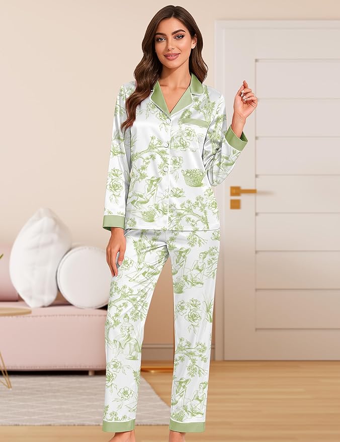 DOLOS Silk Satin Pajama Set for Women Short/Long Sleeve 2-Piece Silky Pajamas for Women Button Down Pjs Sleepwear Loungewear