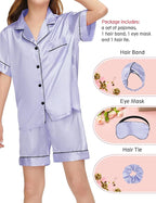 EPLAZA Kids Satin Pajamas Sets Girls Boys Button-Down Silky Pajamas Sleepwear with Hairband Eye Mask Hair Tie