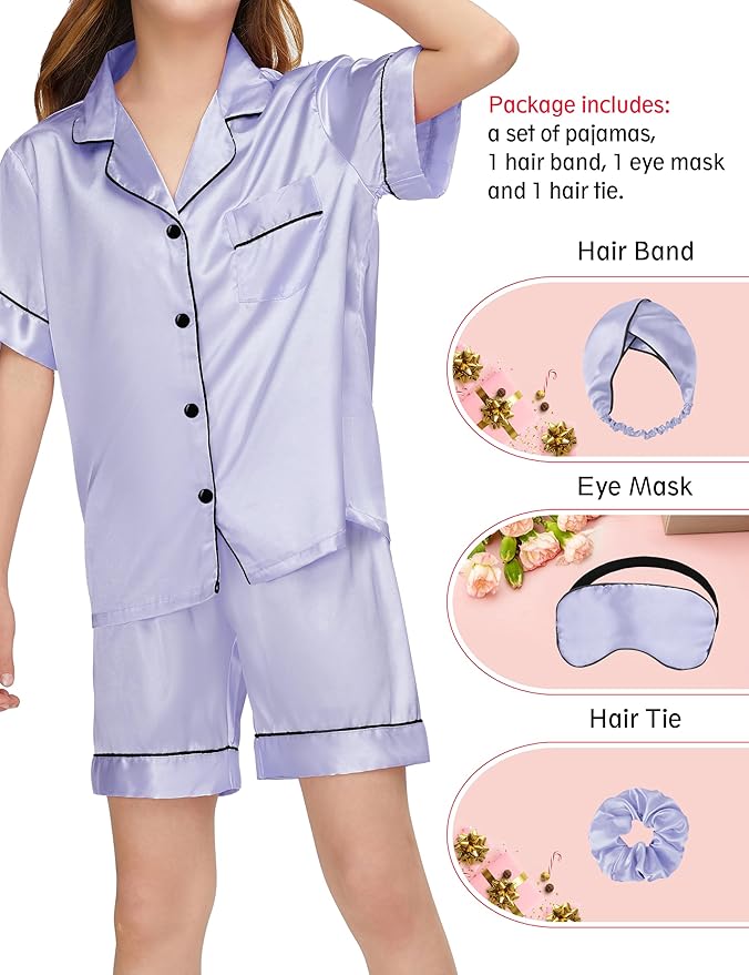 EPLAZA Kids Satin Pajamas Sets Girls Boys Button-Down Silky Pajamas Sleepwear with Hairband Eye Mask Hair Tie