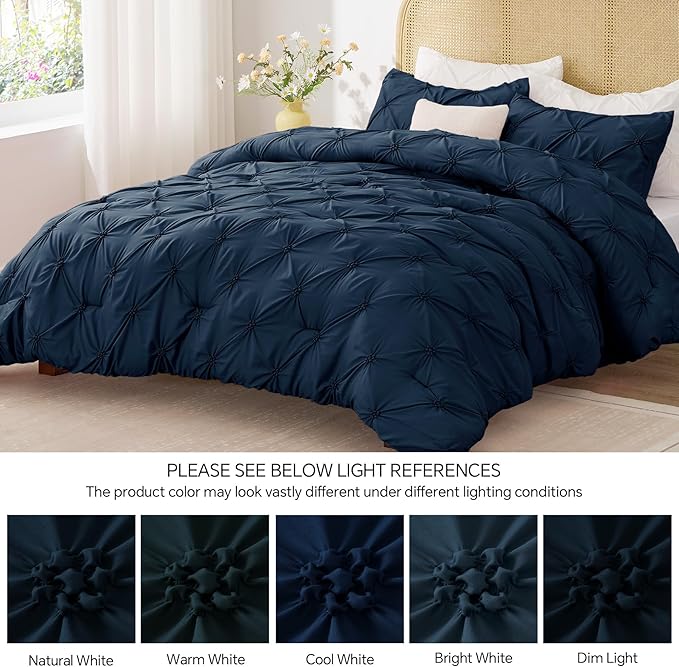 BEDELITE Navy King Size Comforter Set - 3 Pieces Boho Pintuck Bedding Comforter Sets, Lightweight Soft & Warm King Bedding Set with 2 Pillowcases for All Season
