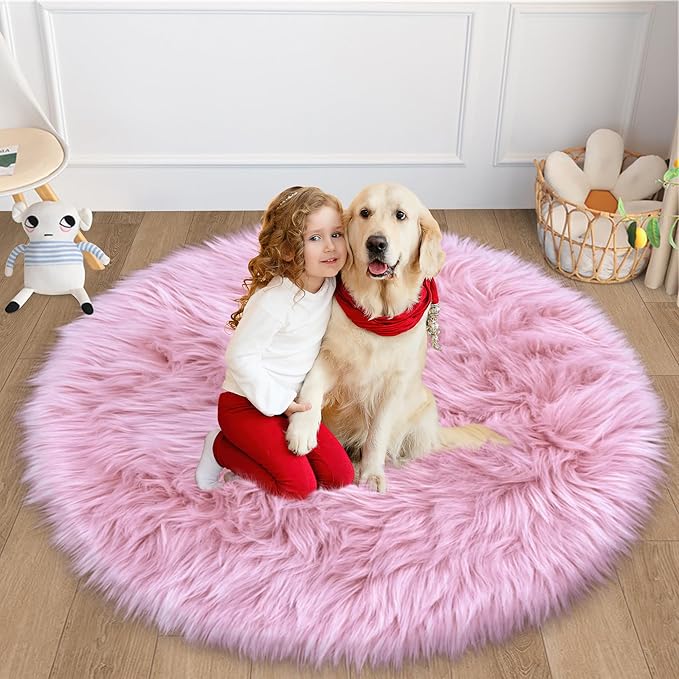 4 Ft Fluffy Round Pink Rugs for Bedroom Girls, Plush Faux Sheepskin Fur Rug for Living Room, Fluffy Circle Rug for Kids Room, Fuzzy Shag Circle Carpet for Teen Girls Baby Room Nursery Dorm