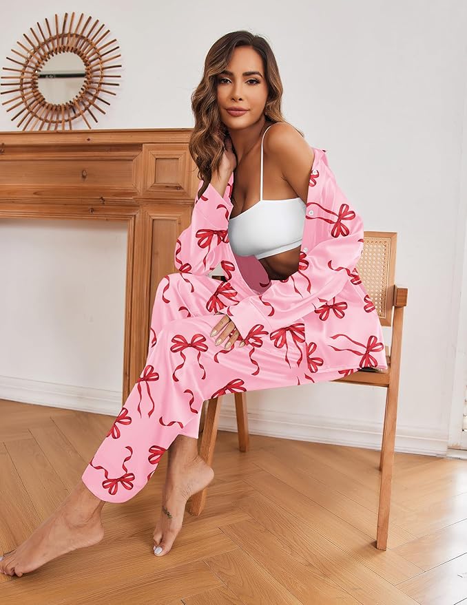 Ekouaer Women Satin Silk Pajamas Classic Long Sleeve Button Down Pjs Set Soft Loungewear