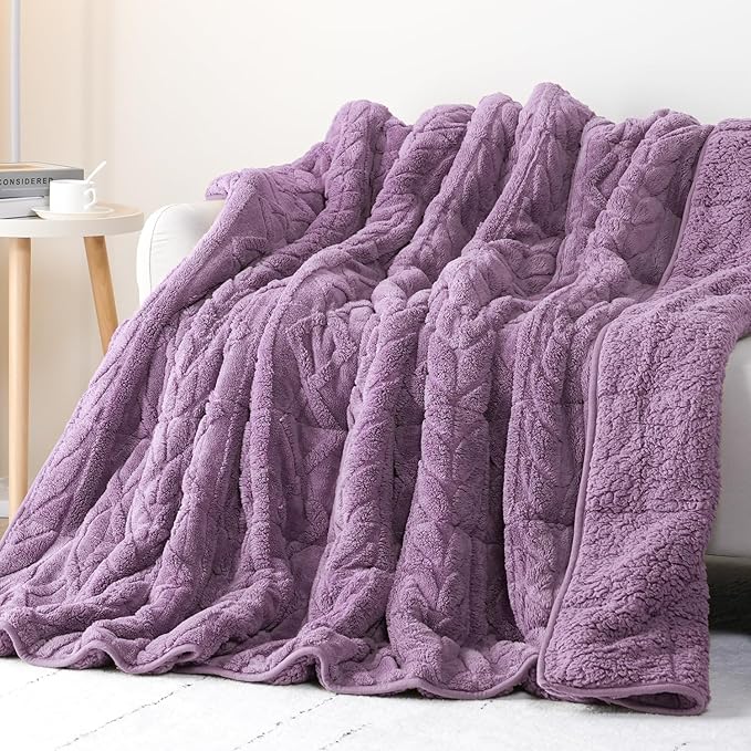 Cottonblue Jacquard Weighted Blanket 15 lbs for Adults Queen Twin Full Size, Fuzzy Sherpa Fleece Weighted Throw Blankets 60x80 in for Relax & Sleep, Cozy Heavy Bed Blankets with Glass Beads, Purple