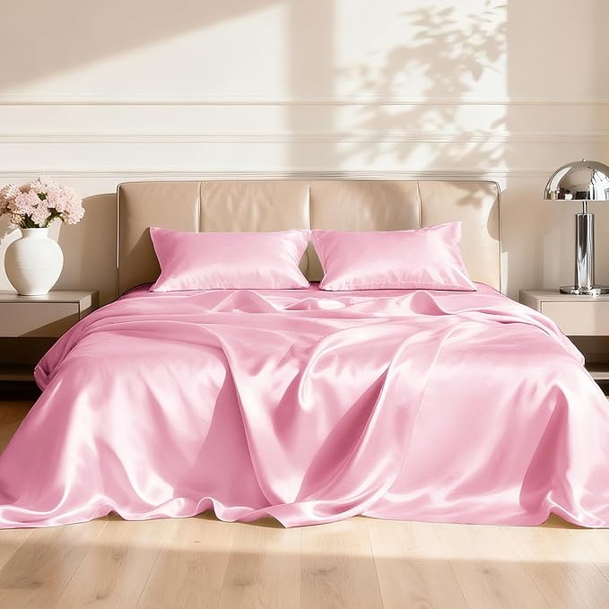 Love's cabin Satin King Sheet Sets - 4 Piece Pink Silky Sheets King Size Bed Set with Deep Pocket, Luxury Silk Feel King Size Satin Sheet Set (1 Flat Sheet,1 Fitted Sheet,2 Pillow Cases)