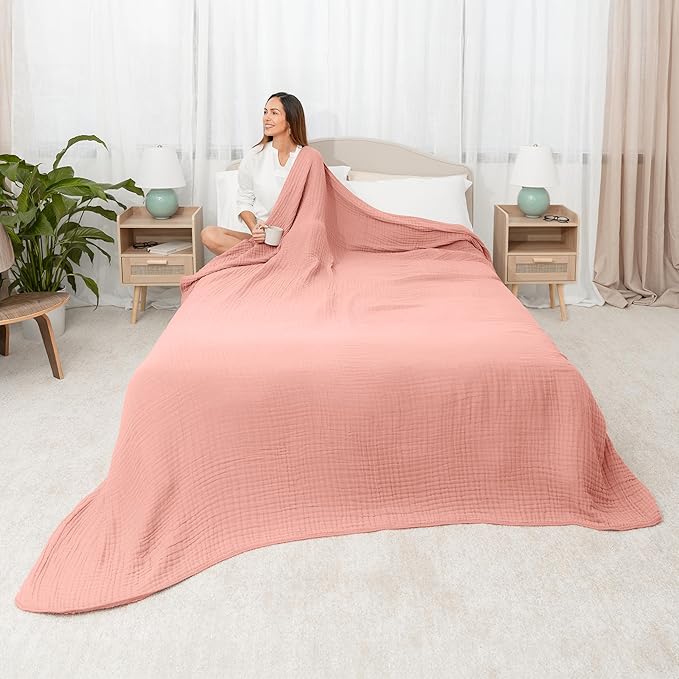 Comfy Cubs Muslin Blanket for Adults Queen 90" x 90" - 6 Layer Soft, Breathable & Lightweight Muslin Adult Blanket - Machine Washable & Designed in The US Bedding for All Seasons - Bold Blush