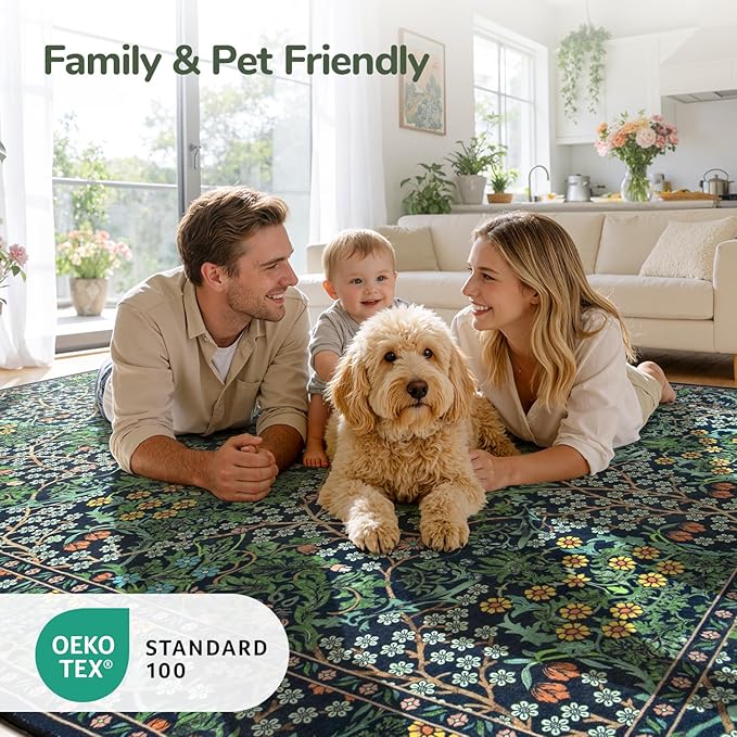 Lessymo Floral Living Room Rug 5x7 Area Rug, Vintage Forest Washable Rugs for Dining Room, Bedroom, Low Pile Non Slip Rubber Green Mat, Vintage Distressed Boho Flower Print, Forest Green