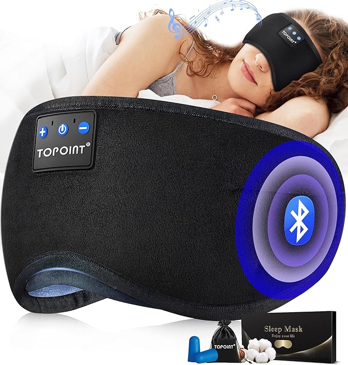 TOPOINT Sleep Headphones, Bluetooth Sleep Mask with Bluetooth Headphones Cotton Sleeping Headphones Bluetooth Eye Mask with Microphone Hands Free Light Blackout for Side Sleepers Father's Day Gift