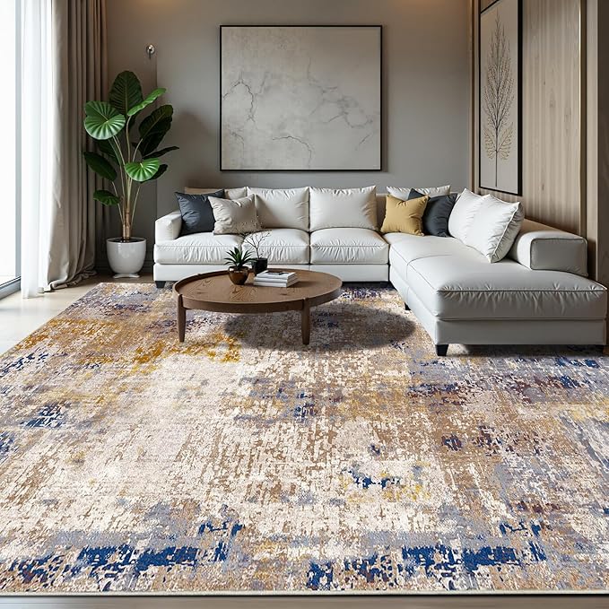 Area Rug 8x10 Washable Rugs Modern Abstract Area Rug Soft Non-Slip Non-Shedding Faux Wool Stain Resistant Floor Carpets for Living Room Bedroom Dining Room Kids Room Home Office (Beige, Brown)