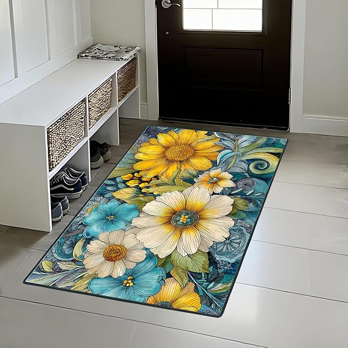 Flower Area Rug 2x3 ft Entry Rug Washable Boho Rugs Non Slip Low Pile Floral Door Mat Small Carpet for Bedroom, Bedside, Kids Room, Office, Dining Room