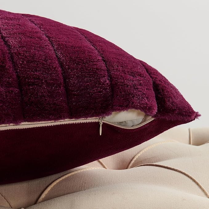 Striped Throw Blanket and Pillow Covers Set (No Inserts) for Couch and Bed, Plush Warm Lightweight Fuzzy Faux Fur Blanket for All Seasons (50" x 60", Burgundy)