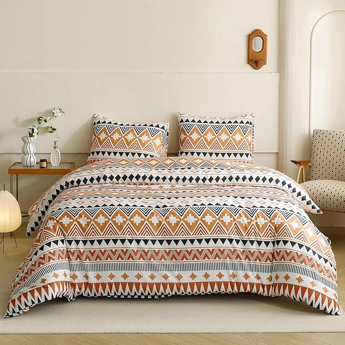 Luxlovery Aztec Orange Comforter Set Twin Boho Geometric Bedding Set Beige Black Multicolor Farmhouse Blanket Quilts Soft Rustic 3PCS Comforter Set