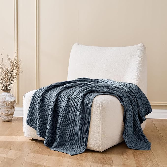 Chunky Knit Dusty Blue Throw Blanket Soft Cozy Decorative Blanket for Couch Sofa Bed Living Room, Spring Throw 50"x60"