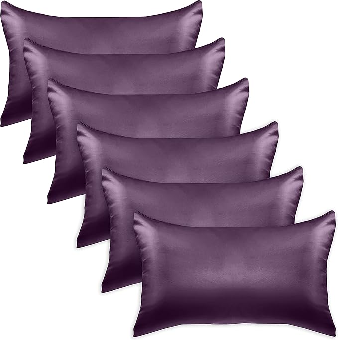 Elegant Comfort 6-PACK Cooling Viscose Satin Pillowcase Set with Hidden Zipper closure, Silky Smooth for Best Hair and Skin Care-Beautiful Gift Box-6-Piece Satin Pillowcase Set, Standard/Queen, Purple