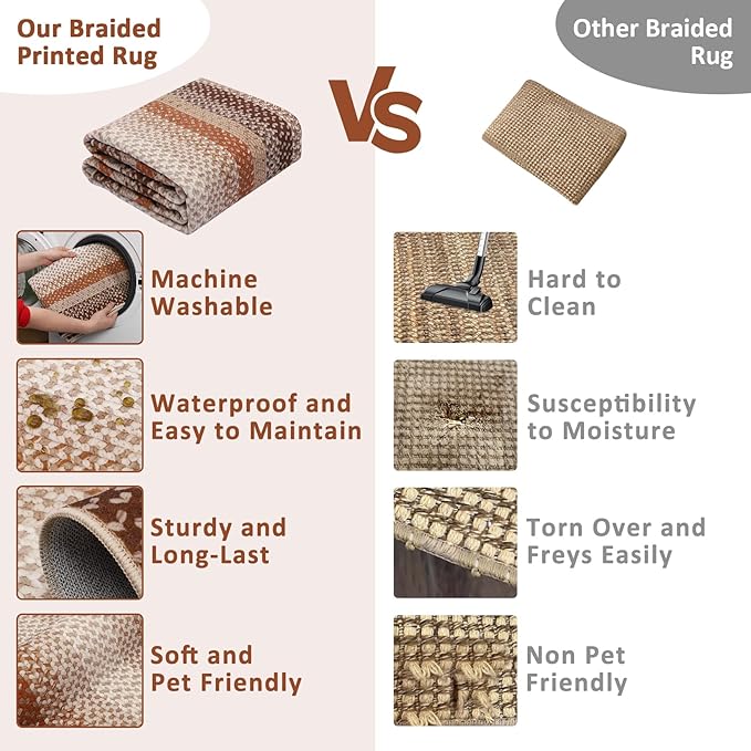 RUGSREAL Braided Washable Area Rug 8x10 Large Area Rug for Living Room Modern Braid Bedroom Carpet Stain Resistant Dining Room Throw Rug Soft Farmhouse Accent Carpet for Home Decor, Brown/Rust
