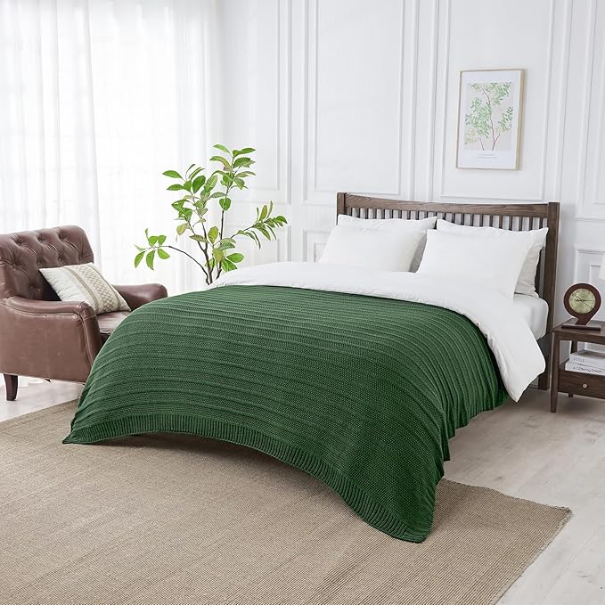 Douceur Christmas Green Throw Blanket for Bed, Soft Cozy Lightweight Stripe Pattern Knitted Throw Blanket for Sofa, Living Room Gift, 60"X80"