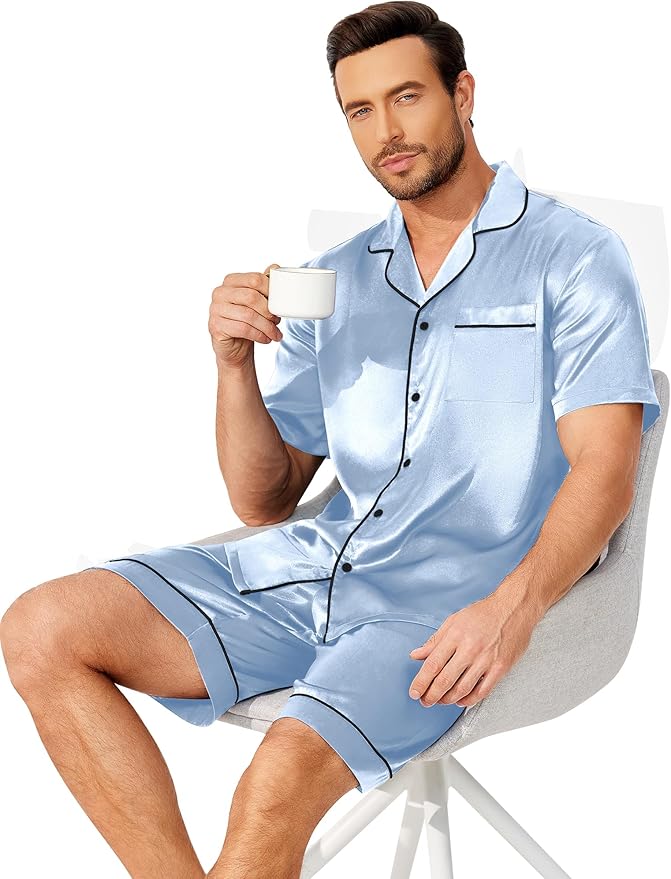 Ekouaer Mens Pajamas Set Silk Satin Sleepwear Short Sleeve Button Down Pjs Set 2 Piece Loungewear with Pockets S-XXL