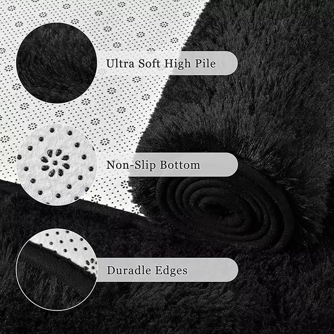 junovo 8x10 Black Washable Area Rug for Boys Bedroom Living Room, Soft Non-Slip Fluffy Rugs, Shag Plush Memory Foam Carpet for Kids Room Baby Nursery Home Decor