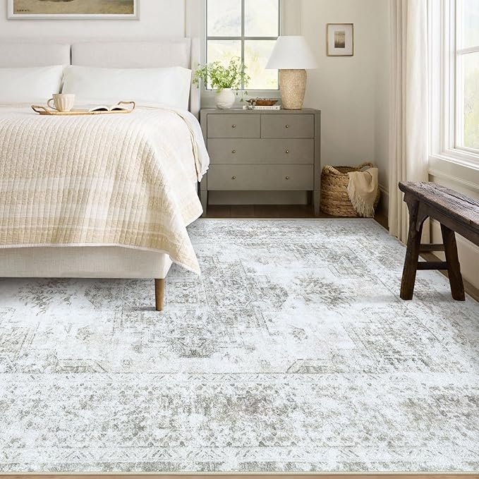 XLUEZ Area Rug 6x9 Living Room Rug, Machine Washable Vintage Distressed Medallion Rug Non-Slip Soft Low Pile Large Indoor Rugs for Bedroom Kitchen Dining Room Office(Taupe,6'x9')