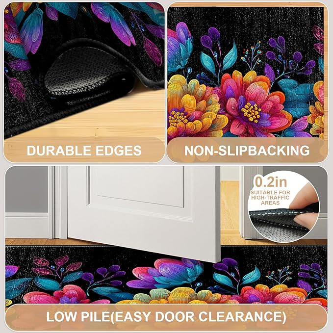 Flower Area Rug 2x3 ft Entry Rug Washable Boho Rugs Non Slip Low Pile Floral Door Mat Small Carpet for Bedroom, Bedside, Kids Room, Office, Dining Room