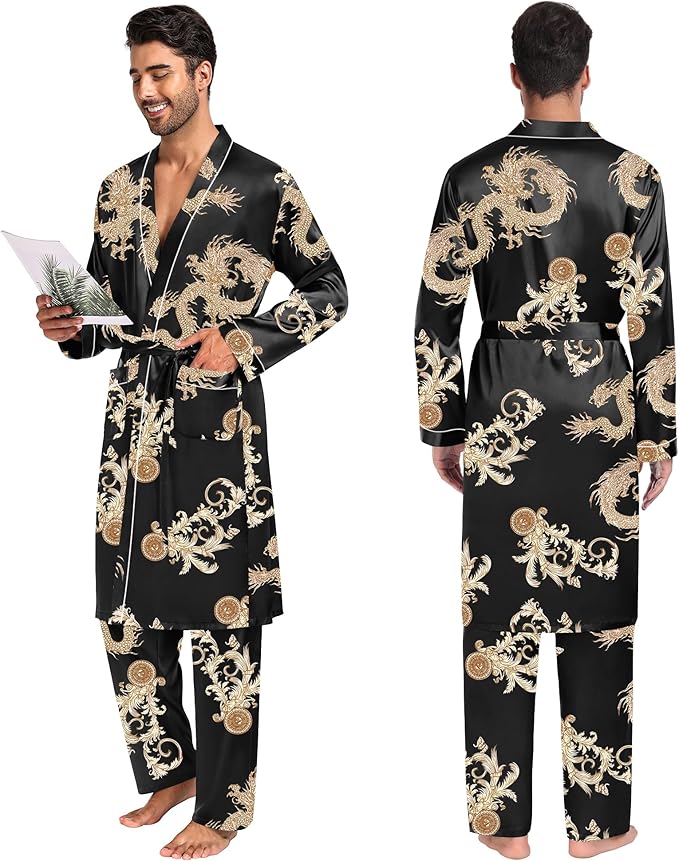 SWOMOG Mens 3 PCS Satin Robe with Pants & Shorts Set Kimono Bathrobe Long Sleeve Sleepwear Pjs Sets with Pockets