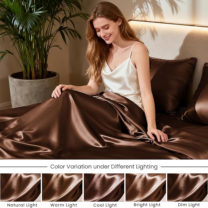 Love's cabin Satin Queen Sheets Set - 4 Piece Brown Silky Bed Sheets with Deep Pocket, Luxury Silk Feel Satin Queen Size Sheet Set (1 Flat Sheet,1 Fitted Sheet,2 Pillow Cases)