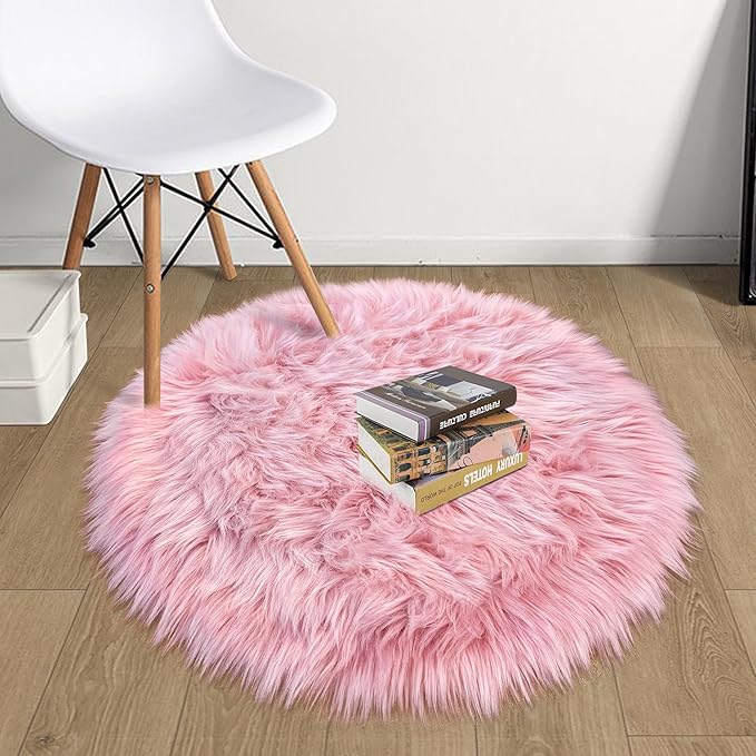 Pink Round Rug for Girls Bedroom, Fluffy Circle Rug 2 2 Feet for Kids Room, Furry Carpet for Teen Girls Room, Shaggy Circular Rug for Nursery Room, Fuzzy Plush Rug for Dorm
