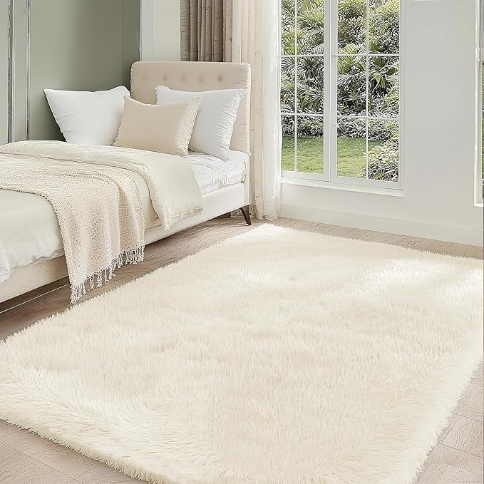 Shag Cream Rug 5x7 Area Rugs for Bedroom Living Room - Non Slip Ultra Soft Large Fluffy Fuzzy Shag Plush Shaggy Furry Rug for Dorm Kids Room Nursery Playroom, Home Office Modern Carpet Decor