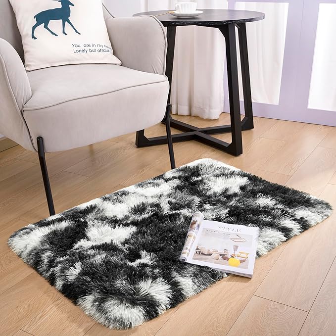 Noahas Door Mat Indoor Entrance,2x3 Shaggy Small Tie-Dyed Black and White Area Rugs for Entryway,Non-Slip Fluffy Entry Bedroom Rug,Soft Plush Bedside Throw Kids Carpet