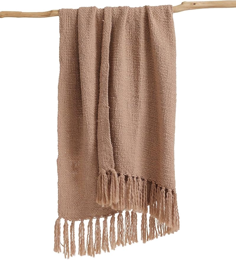 YnM Basketweave Chunky Knit Throw, Solid Neutral Vibe Textured Blanket with Tassel for Home Decor, 50 x 60 in, Beige