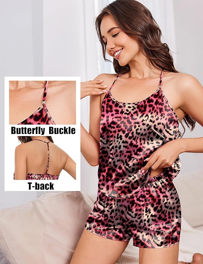 Ekouaer Silk Satin Pajamas Set for Women T-back Lingerie Pjs Cami Top and Shorts Sleepwear Gift for Honeymoon Party