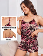Ekouaer Silk Satin Pajamas Set for Women T-back Lingerie Pjs Cami Top and Shorts Sleepwear Gift for Honeymoon Party