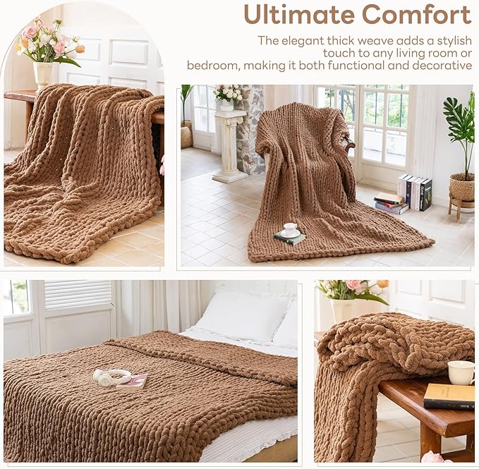 Chunky Knit Blanket - Luxury Soft Cozy 40 * 50 Throw Blanket,100% Woven Blanket Rope Knot Throw Blanket for Couch, Sofa, Home Decor, Gift - Machine Washable (Brown, 40 * 50)