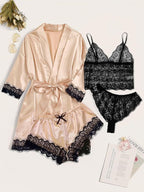 WDIRARA Women' Silk Satin Pajamas Set 4pcs Lingerie Floral Lace Cami Sleepwear with Robe
